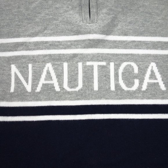 Nautica Sweater Mens Large Gray Blue Cotton Long Sleeve 1/4 Zip Mock Neck - Picture 3 of 9